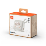 Coluna Bluetooth ultraportátil com som claro e forte JBL GO4 cor branco vista com caixa