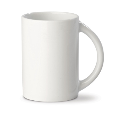 Caneca de porcelana branca com pega de semicírculo feita na UE 300 ml