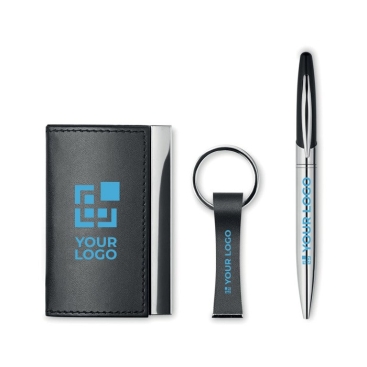 Set Porta-cartões metálico, porta-chaves e caneta tinta preta Business