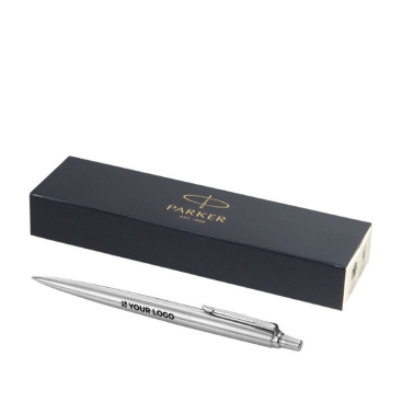 Caneta Parker prateada com logo e tinta azul Parker Jotter Inox