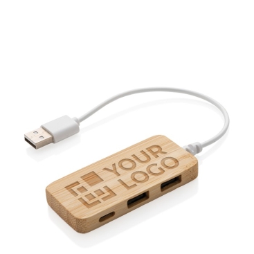 Hub USB 2.0 com porta tipo C em bambu e cabo com o logotipo