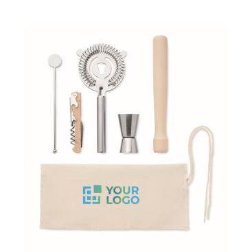 Kit cocktail com 5 utensílios essenciais num saco de algodão