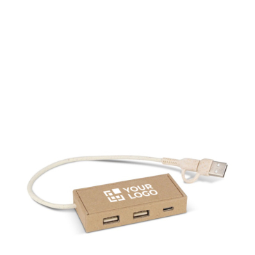 Hub feito de papel reciclado com 2 entradas USB e uma USB-C vista principal