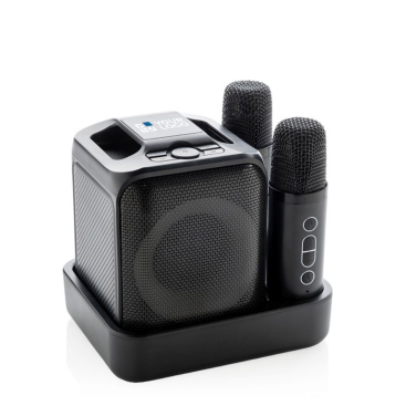 Conjunto karaoke de plástico reciclado com dois microfones e coluna 5W