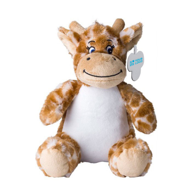 Girafa de peluche com olhos bordados e etiqueta imprimível