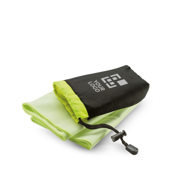 Toalha publicitária em bolsa de nylon cor verde vista principal