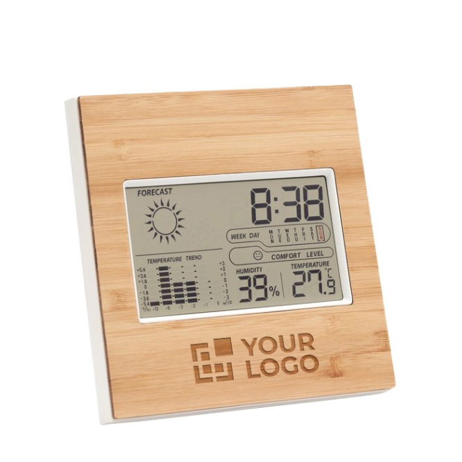Estação meteorológica personalizável de bambu cor madeira vista conjunto principal