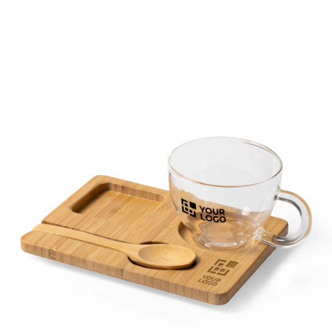 Elegante conjunto para chá ou café com logo cor madeira clara primeira vista
