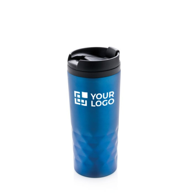 Caneca com função térmica e formato geométrico 300ml Trilliant Colors cor azul vista com caixa