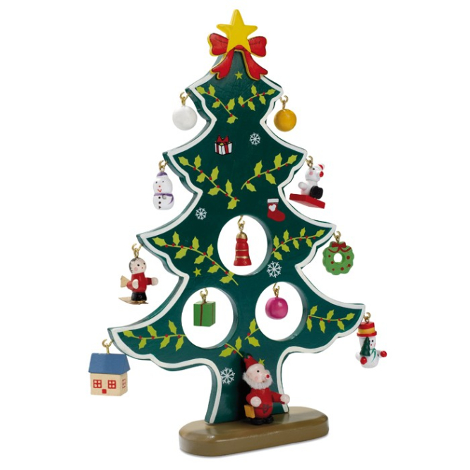 Pequena árvore de Natal decorativa com 12 enfeites Natalício Pai Natal cor verde segunda vista conjunto 2