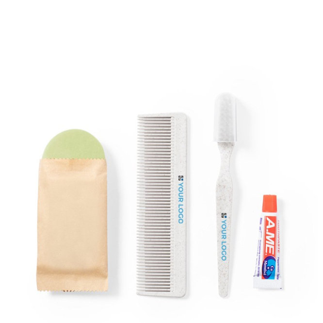 Escova de dentes, pasta, sabonete e pente cor natural primeira vista