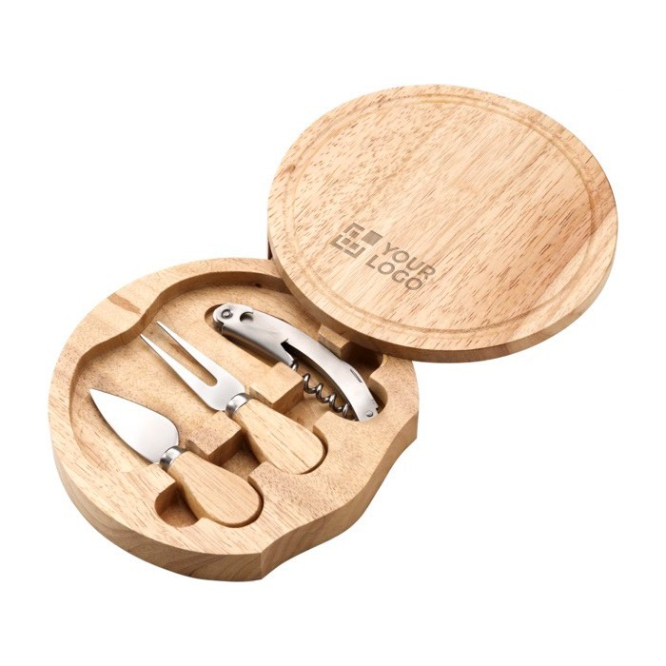 Set para cortar queijo com tábua de madeira, estojo circular