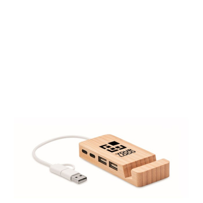 Hub USB de bambu com 4 portas e cabo com comprimento de 20cm cor madeira vista principal