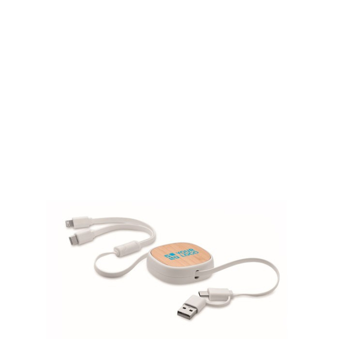 Cabo de carga retrátil multiUSB com detalhe de bambu e cabo de 90cm