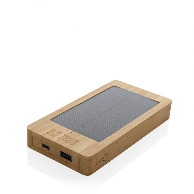Powerbank de 100% bambu com painel solar de carregamento 10.000 mAh cor castanho vista com caixa