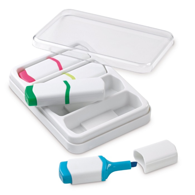 Kit de 4 marcadores mini de diferentes cores em caixa transparente cor branco terceira vista